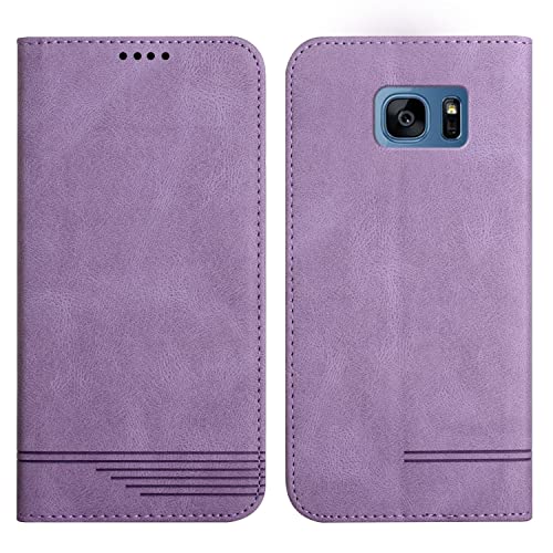 Klapphülle Kompatible für Samsung Galaxy S7, Einfarbig PU Lederhülle Weich TPU Handyhülle mit Kartenfach Stark Magnetverschluss Flip Case -Lila von Yiscase