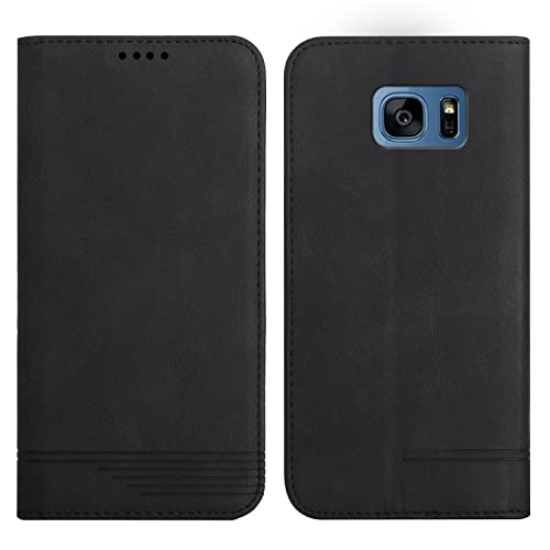 Klapphülle Kompatible für Samsung Galaxy S7, Einfarbig PU Lederhülle Weich TPU Handyhülle mit Kartenfach Stark Magnetverschluss Flip Case -Schwarz von Yiscase