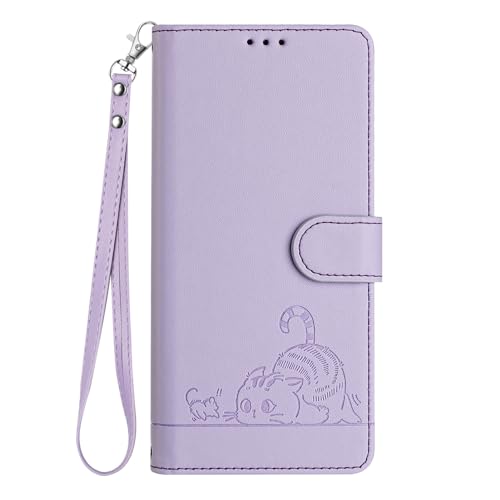 Klapphülle für iPhone 11 Pro Max, Motiv: Katze fängt Maus, geprägtes PU-Leder, Brieftaschen-Hülle, Kartenfächer, Standfunktion, Handschlaufe, Lila von Yiscase