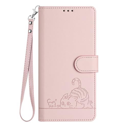Klapphülle für iPhone 14 Pro Max, Motiv: Katze fängt Maus, geprägtes PU-Leder, Brieftaschen-Hülle, Kartenfächer, Standfunktion, Handschlaufe, Rosa von Yiscase