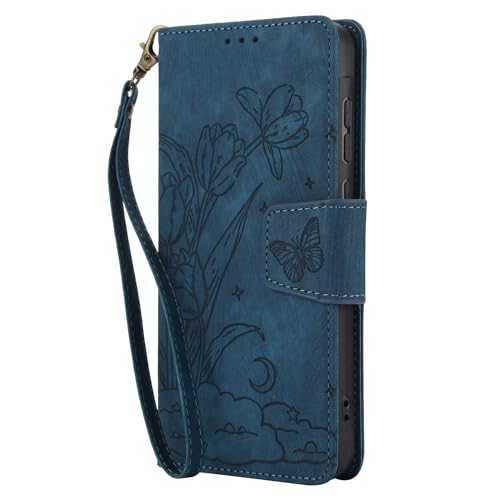 Klapphülle für iPhone 16 Pro, Motiv: Schmetterling, Blume, geprägt, PU-Leder, Brieftaschen-Schutzhülle mit Kartenfächern, Ständer, magnetischer Handschlaufe, Blau Klapphülle für iPhone 16 Pro, Motiv: Schmetterling, Blume, geprägt, PU-Leder, Brieftaschen-Schutzhülle mit Kartenfächern, Ständer, magnetischer Handschlaufe, Blau von Yiscase