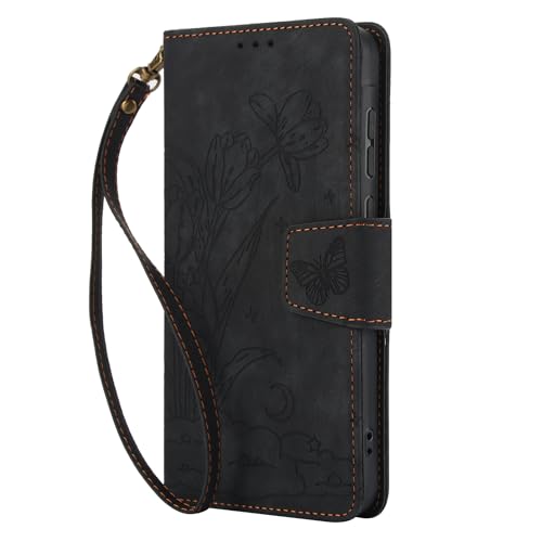 Klapphülle für iPhone 16 Pro, Motiv: Schmetterling, Blume, geprägt, PU-Leder, Brieftaschen-Schutzhülle mit Kartenfächern, Ständer, magnetischer Handschlaufe, Schwarz Klapphülle für iPhone 16 Pro, Motiv: Schmetterling, Blume, geprägt, PU-Leder, Brieftaschen-Schutzhülle mit Kartenfächern, Ständer, magnetischer Handschlaufe, Schwarz von Yiscase