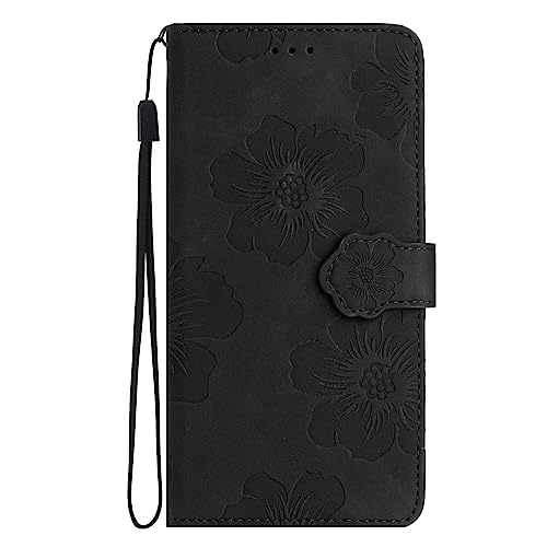 Klapphülle mit Blumenmuster für iPhone 14 Plus, PU-Leder, Brieftaschen-Schutzhülle mit Ständer, Kartenfächern, Handschlaufe, Blumenmuster, Magnetverschluss, Schwarz von Yiscase