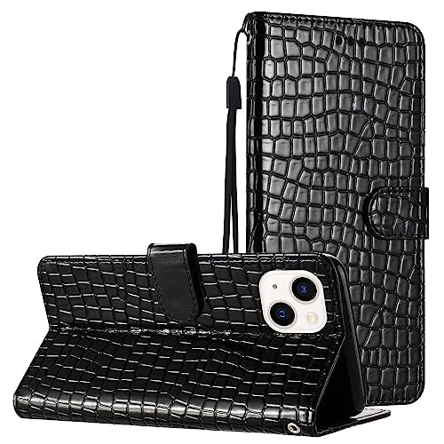 Leder-Schutzhülle für iPhone 13, klassisches Krokodilmuster, magnetisch, Klapphülle, integrierter Ständer, Kartenhalter, Handgelenkschlaufe, Schwarz Leder-Schutzhülle für iPhone 13, klassisches Krokodilmuster, magnetisch, Klapphülle, integrierter Ständer, Kartenhalter, Handgelenkschlaufe, Schwarz von Yiscase