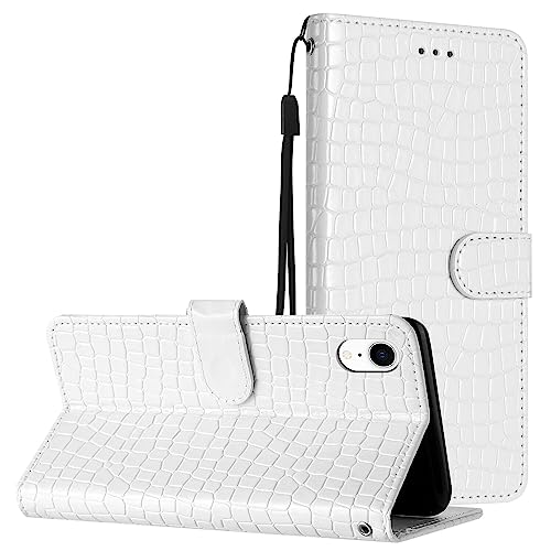 Leder-Schutzhülle für iPhone XR, klassisches Krokodilmuster, magnetisch, Klapphülle, integrierter Ständer, Kartenhalter, Handgelenkschlaufe, Weiß von Yiscase