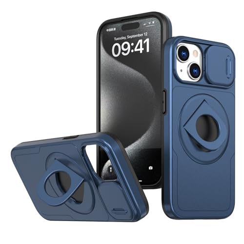 Magnetische Standabdeckung, kompatibel mit iPhone 14 Plus/iPhone 15 Plus, Hülle mit Schiebe-Kamera-Abdeckung, kompatibel mit Autohalterung, eingebauter Ständer, stoßfest, schlanke Schutzhülle, Blau von Yiscase
