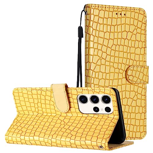 Schutzhülle aus Leder, kompatibel mit Samsung Galaxy S24 Ultra, klassisches Krokodilmuster, magnetisch, integrierter Ständer, Kartenhalter, Handschlaufe, Gelb Schutzhülle aus Leder, kompatibel mit Samsung Galaxy S24 Ultra, klassisches Krokodilmuster, magnetisch, integrierter Ständer, Kartenhalter, Handschlaufe, Gelb von Yiscase