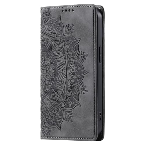 Schutzhülle für iPhone 14 Pro Max, mit Ständer, Kartenfächern, Mandala-Blumen, PU-Leder, magnetisch, Grau Schutzhülle für iPhone 14 Pro Max, mit Ständer, Kartenfächern, Mandala-Blumen, PU-Leder, magnetisch, Grau von Yiscase