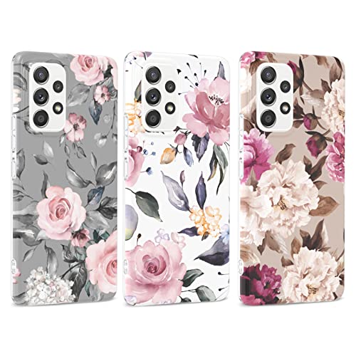 Yiscase 3 Pack Kompatibel mit Samsung Galaxy A53 5G Marmor Hülle Ultra Dünn Silikon TPU Stoßfest Handyhülle für Galaxy A53 5G, Graue Blume + Weiße Blume + Rosa Blume von Yiscase