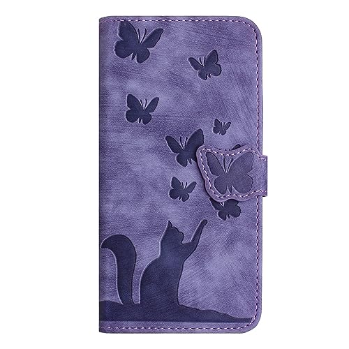 Yiscase Handyhülle Kompatibel für Samsung Galaxy A14 4G|A14 5G Hülle | Katze Schmetterling Muster PU Lederhülle Standfunktion mit Kartenfach Schutzhülle | Lila von Yiscase