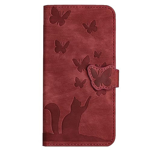 Yiscase Handyhülle Kompatibel für iPhone SE 2022|SE 2020|iPhone 6 7 8 Hülle | Katze Schmetterling Muster PU Lederhülle Standfunktion mit Kartenfach Schutzhülle | Rot von Yiscase