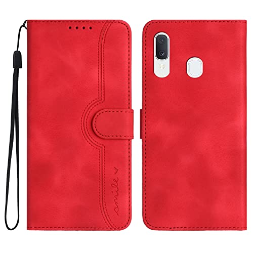 Yiscase Handyhülle für Samsung Galaxy A40 Hülle Premium PU Leder Flip Case mit Kartenfächern Brieftasche Standfuntion stoßfeste Silikonhülle Lächeln Ledertasche - Rot von Yiscase