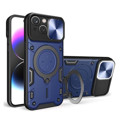 Yiscase Schutzhülle für iPhone 12 mit drehbarer Ringhalterung, kompatibel mit MagSafe, stoßfeste Hülle mit Schiebe-Kamera-Abdeckung, magnetische Schutzhülle für Autohalterung, Blau von Yiscase