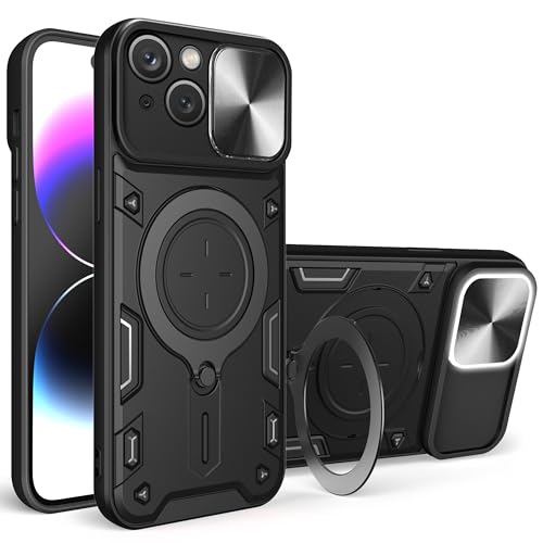 Yiscase Hülle passend für iPhone 14 Plus mit drehbarer Ringhalterung | [kompatibel mit MagSafe] Stoßfeste Hülle mit Schiebe-Kamera-Abdeckung | Magnetische Hülle für Autohalterung | Schwarz von Yiscase