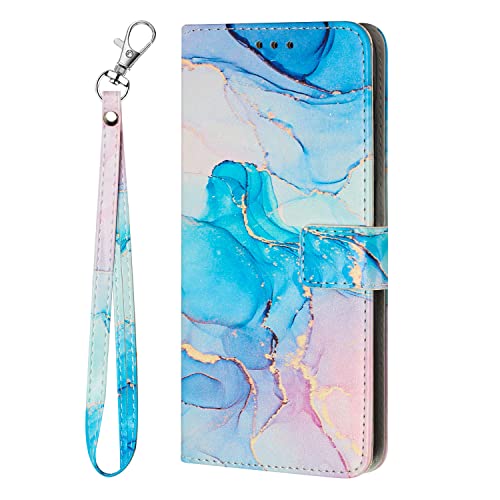 Yiscase Schutzhülle kompatibel für iPhone SE 2022/iPhone SE 2020/iPhone 6/7/8 Wallet Case mit Kartenhalter, PU Leder Flip Kartenfächer Marmor Blumen Hülle Kickstand Stoßfest Folio Cover - Rosa Blau von Yiscase