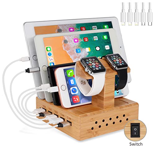 Yisen Handy Ausholz Bambus USB Ladestation, Universell Ladegerät Dockingstation，DIY Assemble Organizer Holder für Apple iWatch/iPhone/iPad/Cellphone/Tablets(PAL Power Kable) von Yisen