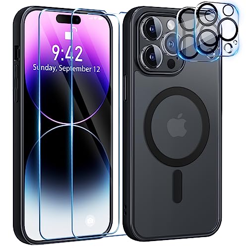 YisrLery [5 in 1 Clear Magnetisch Hülle für iPhone 14 Pro mit 2 Schutzfolie + 2 Kameraschutz, [Kompatibel mit MagSafe] [Anti-Gelb ] 360 Grad Kratzfeste Stoßfest Case-schwarz von YisrLery