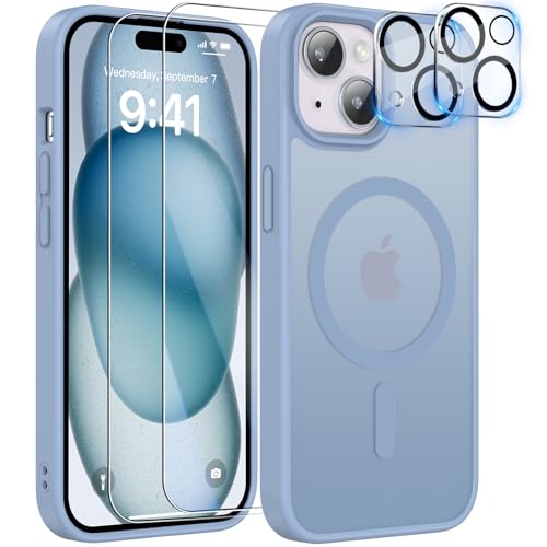YisrLery 5-in-1 Kompatibel mit iPhone 15 Hülle für Mag Safe mit 2 Stück Schutzfolie und 2 Stück Kameraschutz Militärnorm Schutz, PC Kratzresistente Rückseite Stoßfest Magnetische Hülle(Blau) von YisrLery