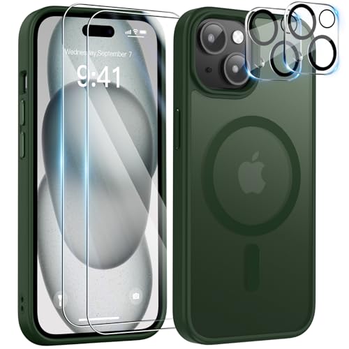 YisrLery 5-in-1 Kompatibel mit iPhone 15 Hülle für Mag Safe mit 2 Stück Schutzfolie und 2 Stück Kameraschutz Militärnorm Schutz, PC Kratzresistente Rückseite Stoßfest Magnetische Hülle(Dunkelgrün) von YisrLery