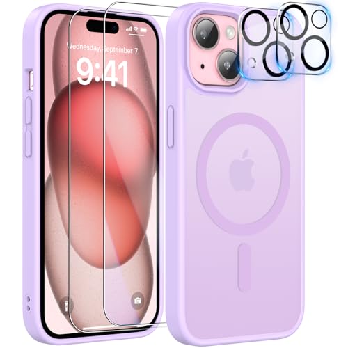 YisrLery 5-in-1 Kompatibel mit iPhone 15 Hülle für Mag Safe mit 2 Stück Schutzfolie und 2 Stück Kameraschutz Militärnorm Schutz, PC Kratzresistente Rückseite Stoßfest Magnetische Hülle(Lila) von YisrLery