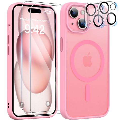 YisrLery 5-in-1 Kompatibel mit iPhone 15 Hülle mit 2 Stück Schutzfolie und 2 Stück Kameraschutz Militärnorm Schutz, PC Kratzresistente Rückseite Stoßfest Magnetische Hülle(Rosa) von YisrLery