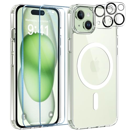 YisrLery 5-in-1 Kompatibel mit iPhone 15 Hülle für Mag Safe mit 2 Stück Schutzfolie und 2 Stück Kameraschutz Militärnorm Schutz, PC Kratzresistente Rückseite Stoßfest Magnetische Hülle - Klar YisrLery 5-in-1 Kompatibel mit iPhone 15 Hülle für Mag Safe mit 2 Stück Schutzfolie und 2 Stück Kameraschutz Militärnorm Schutz, PC Kratzresistente Rückseite Stoßfest Magnetische Hülle - Klar von YisrLery