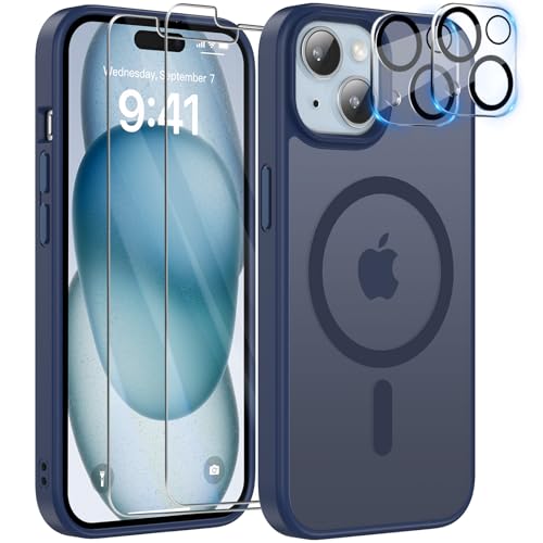 YisrLery 5-in-1 Kompatibel mit iPhone 15 Hülle mit 2 Stück Schutzfolie und 2 Stück Kameraschutz Militärnorm Schutz, PC Kratzresistente Rückseite Stoßfest Magnetische Hülle(Dunkelblau) von YisrLery