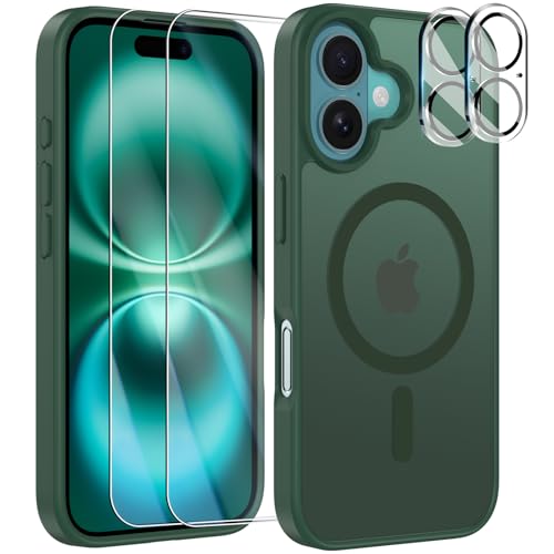 YisrLery 5-in-1 Kompatibel mit iPhone 16 Hülle für Mag Safe mit 2 Stück Schutzfolie und 2 Stück Kameraschutz Militärnorm Schutz, PC Kratzresistente Rückseite Stoßfest Magnetische Hülle 6.1- Dunkelgrün YisrLery 5-in-1 Kompatibel mit iPhone 16 Hülle für Mag Safe mit 2 Stück Schutzfolie und 2 Stück Kameraschutz Militärnorm Schutz, PC Kratzresistente Rückseite Stoßfest Magnetische Hülle 6.1- Dunkelgrün von YisrLery