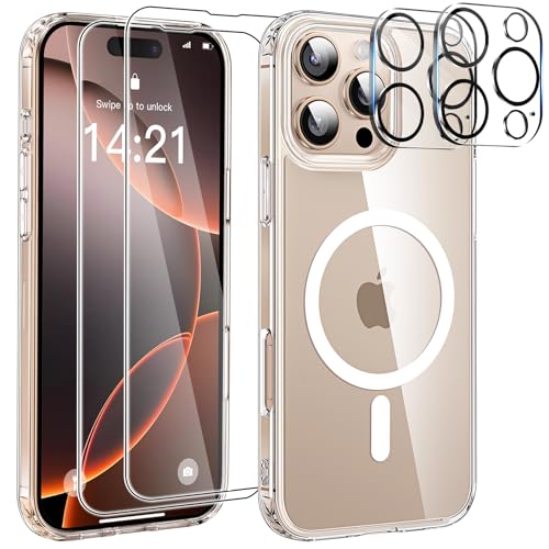 YisrLery 5-in-1 Kompatibel mit iPhone 16 Pro Hülle für Mag Safe mit 2 Stück Schutzfolie und 2 Stück Kameraschutz Militärnorm Schutz, PC Kratzresistente Rückseite Stoßfest Magnetische Hülle 6.3- Klar von YisrLery