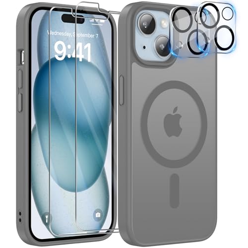 YisrLery 5-in-1 Kompatibel mit iPhone 15 Hülle mit 2 Stück Schutzfolie und 2 Stück Kameraschutz Militärnorm Schutz, PC Kratzresistente Rückseite Stoßfest Magnetische Hülle(Grau) von YisrLery
