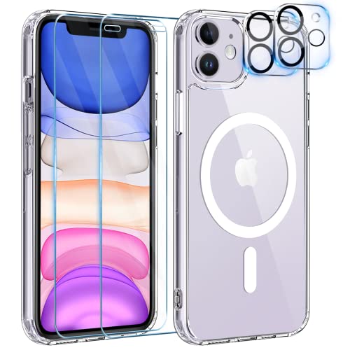 YisrLery 5-in-1 iPhone 11 Hülle für Mag Safe mit 2 Stück Panzerfolie und 2 Stück Kameraschutz Militärnorm Schutz, PC Kratzresistente Rückseite Stoßfest TPU Bumper Magnetische Hülle 6,1'' - Klar von YisrLery