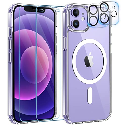 YisrLery 5-in-1 iPhone 12 Hülle für MagSafe mit 2 Stück Schutzfolie und 2 Stück Kameraschutz Militärnorm Schutz, PC Kratzresistente Rückseite Stoßfest TPU Bumper Magnetische Hülle 6,1'' (Klar) von YisrLery