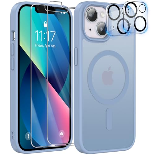 YisrLery 5-in-1 für iPhone 13 Hülle für Mag Safe mit 2 Stück Panzerfolie und 2 Stück Kameraschutz Militärnorm Schutz, PC Kratzresistente Rückseite Stoßfest TPU Bumper Magnetische Hülle 6,1''(Hellblau) von YisrLery