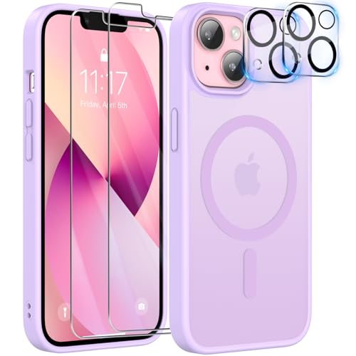 YisrLery 5-in-1 iPhone 13 Hülle für Mag Safe mit 2 Stück Schutzfolie und 2 Stück Kameraschutz Militärnorm Schutz, PC Kratzresistente Rückseite Stoßfest TPU Bumper Magnetische Hülle 6,1'' (Lila) von YisrLery