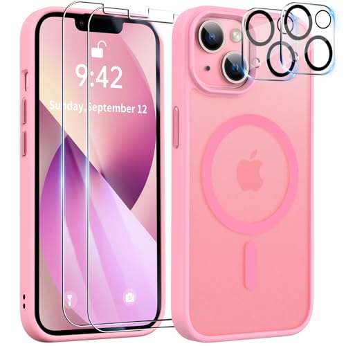 YisrLery 5-in-1 iPhone 13 Hülle für Mag Safe mit 2 Stück Schutzfolie und 2 Stück Kameraschutz Militärnorm Schutz, PC Kratzresistente Rückseite Stoßfest TPU Bumper Magnetische Hülle 6,1'' (Rosa) von YisrLery