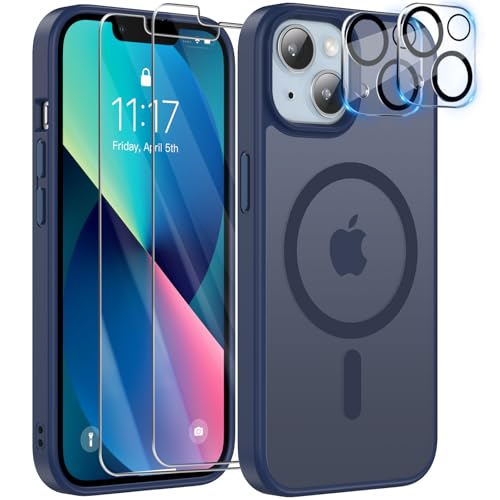 YisrLery 5-in-1 iPhone 13 Hülle für Mag Safe mit 2 Stück Schutzfolie und 2 Stück Kameraschutz Militärnorm Schutz, PC Kratzresistente Rückseite TPU Bumper Magnetische Hülle 6,1'' (Dunkelblau) von YisrLery