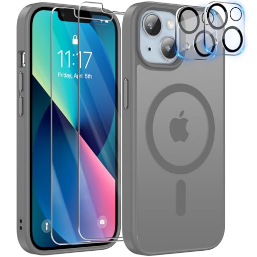 YisrLery 5-in-1 iPhone 13 Hülle für Mag Safe mit 2 Stück Schutzfolie und 2 Stück Kameraschutz Militärnorm Schutz, PC Kratzresistente Rückseite TPU Bumper Magnetische Hülle 6,1'' (Grau) von YisrLery