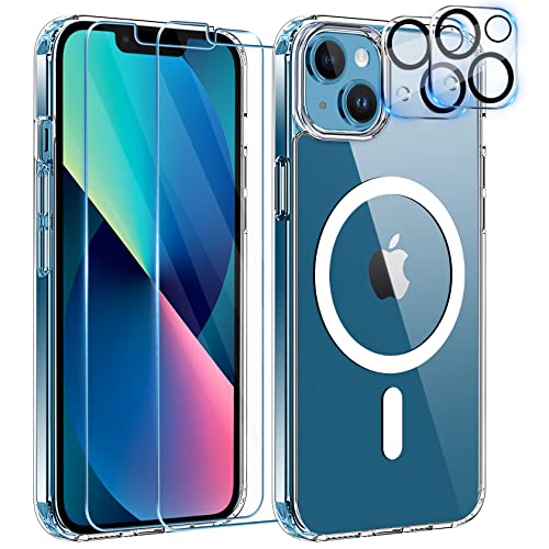 YisrLery 5-in-1 iPhone 13 Hülle für MagSafe mit 2 Stück Schutzfolie und 2 Stück Kameraschutz Militärnorm Schutz, PC Kratzresistente Rückseite Stoßfest TPU Bumper Magnetische Hülle 6,1'' (Klar) von YisrLery