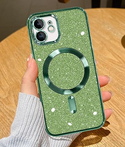 YisrLery Clear Magnetic für iPhone 11 Hülle [Kameraschutz Eingebaut] Weiche TPU Silikon Handyhülle mit Magsafe Kratzresistente Stoßfest Magnetische 6,1’’-Glitter Grün von YisrLery