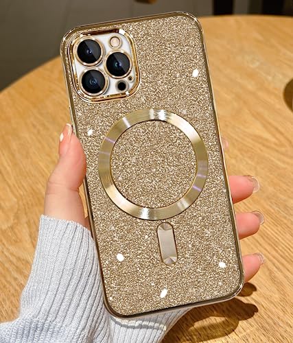 YisrLery Clear Magnetic für iPhone 12 Pro Max Hülle [Kameraschutz Eingebaut] Weiche TPU Silikon Handyhülle mit Mag Safe [Nackte iPhone Äußere] Kratzresistente Stoßfest Magnetische - Glitter Gold von YisrLery