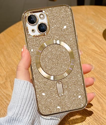 YisrLery Clear Magnetic für iPhone 14 Hülle [Kameraschutz Eingebaut] Weiche TPU Silikon Handyhülle mit Mag Safe [Nackte iPhone Äußere] Kratzresistente Stoßfest Magnetische 6,1’’- Glitter Gold von YisrLery