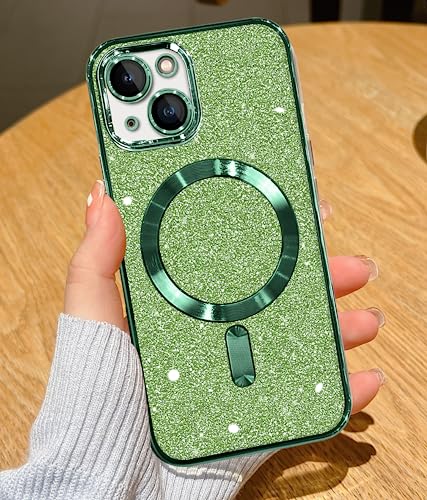 YisrLery Clear Magnetic für iPhone 14 Hülle [Kameraschutz Eingebaut] Weiche TPU Silikon Handyhülle mit Mag Safe [Nackte iPhone Äußere] Kratzresistente Stoßfest Magnetische 6,1’’- Glitter grün von YisrLery