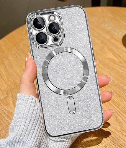 YisrLery Clear Magnetic für iPhone 14 Pro Hülle [Kameraschutz Eingebaut] Weiche TPU Silikon Handyhülle mit Mag Safe [Nackte iPhone Äußere] Kratzresistente Stoßfest Magnetische 6,1’’- Glitter Silber von YisrLery