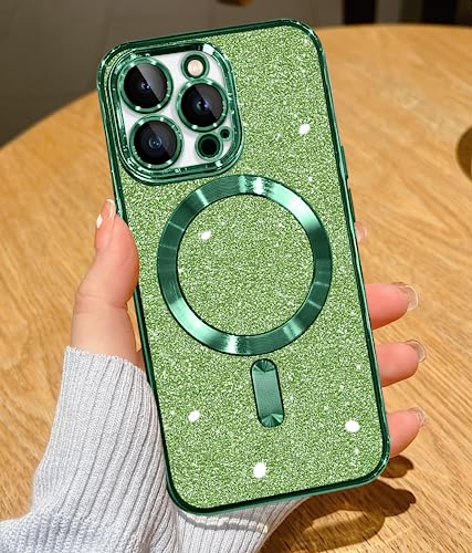 YisrLery Clear Magnetic für iPhone 14 Pro Hülle [Kameraschutz Eingebaut] Weiche TPU Silikon Handyhülle mit Mag Safe [Nackte iPhone Äußere] Kratzresistente Stoßfest Magnetische 6,1’’- Glitter grün von YisrLery