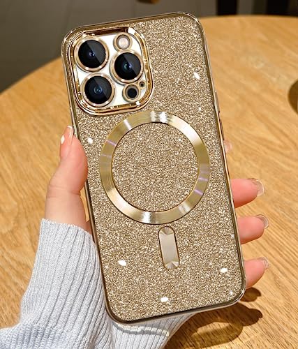 YisrLery Clear Magnetic für iPhone 14 Pro Max Hülle [Kameraschutz Eingebaut] Weiche TPU Silikon Handyhülle mit Mag Safe [Nackte iPhone Äußere] Kratzresistente Stoßfest Magnetische - Glitter Gold von YisrLery