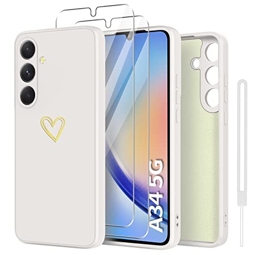 YisrLery Gold Herz Handyhülle Kompatibel mit Samsung Galaxy A34 5G Hülle und 2 Stück Schutzfolie, Bling Gold Liebesherz Kameraschutz Schutzhülle Weich Silikon Stoßfeste TPU Case Weiß von YisrLery