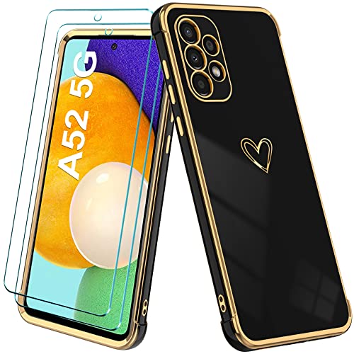 YisrLery Hülle für Samsung Galaxy A52 / A52s 5G 4G Handyhülle mit 2 Stück Schutzfolie, Herz Muster Mädchen Galvanisierte Kameraschutz Hülle Weich TPU Silikon Schutzhülle stoßfest Case Cover, Schwarz von YisrLery