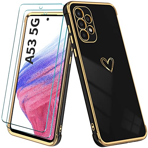 YisrLery Hülle für Samsung Galaxy A53 5G Handyhülle mit 2 Stück Schutzfolie, Cute Herz Muster Mädchen Galvanisierte Kameraschutz Hülle Weich TPU Silikon Schutzhülle Stoßfest Case Cover, Schwarz von YisrLery