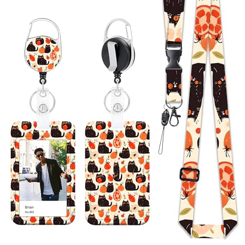 Yistoi Ausweishülle mit Band, Ausziehbarer Schlüsselanhänger Badge Holder, abnehmbarem Lanyard mit ID Kartenhalter Set für Lehrer, Ärzte und Studenten, Fahrkartenhülle Kinder (Kakipflaume und Katze) von Yistoi