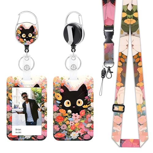 Yistoi Ausweishülle mit Band, Ausziehbarer Schlüsselanhänger Badge Holder, abnehmbarem Lanyard mit ID Kartenhalter Set für Lehrer, Ärzte und Studenten, (Blume und Schwarze Katze) von Yistoi